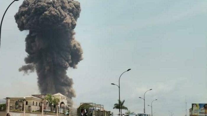 A dark cloud of smoke shown in the aftermath of a series of explosions in Bata, Equatorial Guinea, March 7, 2021.