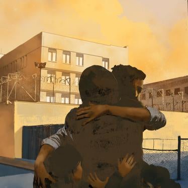 Illustration of a man hugging his family outside of a detention center