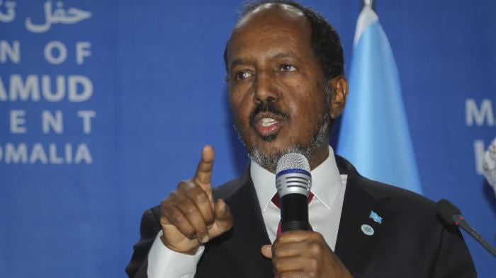 Somali President Hassan Sheikh Mohamud speaks at his inauguration ceremony in Mogadishu, Somalia, June 9, 2022. 