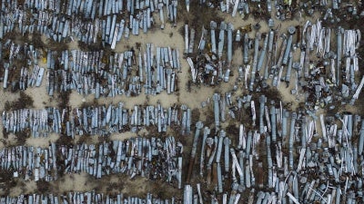 Collected remnants of Russian cluster munition rockets that were used to attack the city of Kharkiv, at a storage area in Kharkiv, Ukraine, December 22, 2022. 