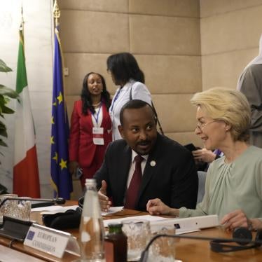 European Commission President Ursula von der Leyen, right, talks with Ethiopian Prime Minister Abiy Ahmed Ali during an international conference on migration in Rome, July 23, 2023.