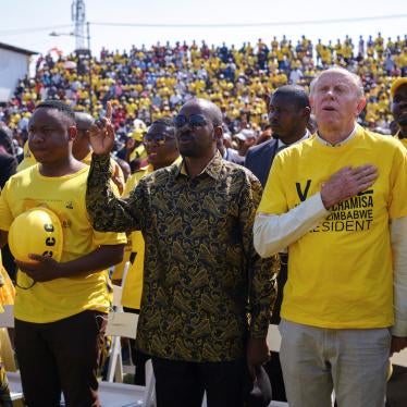 Takudzwa Ngadziore (second from left) and other leaders of the opposition Citizens Coalition for Change (CCC) sing the national anthem during a campaign rally in Bulawayo, Zimbabwe, August 20, 2023. 