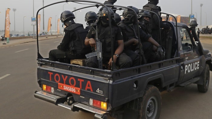 Cameroonian police officers near the Olembe stadium in Yaoundé, Cameroon, February 3, 2022.