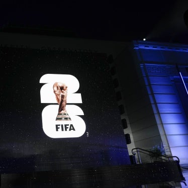 The logo for the 2026 US, Canada, and Mexico-hosted FIFA Men’s World Cup on a screen outside Griffith Observatory in Los Angeles, May 17, 2023. 