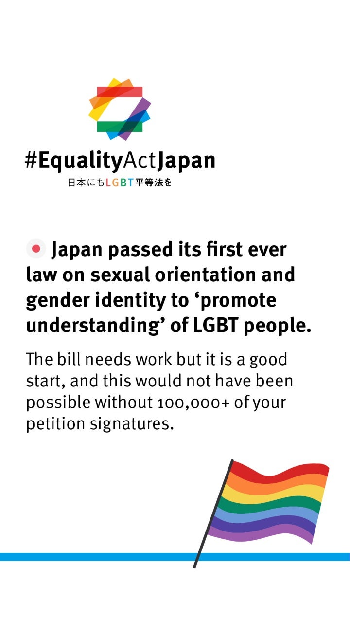 #EqualityActJapan: Japan passed its first ever law on sexual orientation and gender identity to 'promote understanding' of LGBT people. The bill needs work but it is a good start, and this would not have been possible without 100,000+ of your petition signatures.