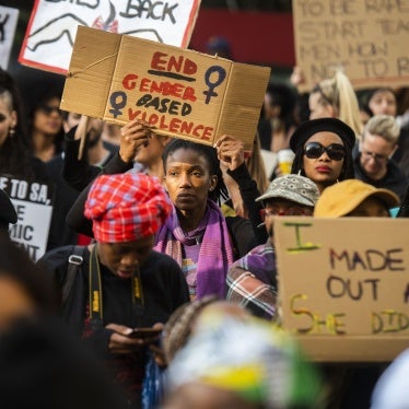 Protesters march against gender-based violence in front of the Johannesburg Stock Exchange, South Africa, September 13, 2019.