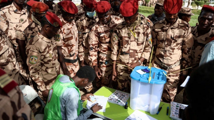 Chadian soldiers wait to cast their votes in the presidential elections, N'djamena, Chad, May 5, 2024. 