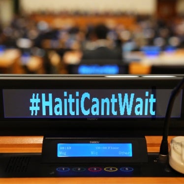 The social media slogan #HaitiCantWait is displayed as Canada Prime Minister Justin Trudeau takes part in high level meetings with an advisory group on Haiti at United Nations headquarters on September 23, 2024. 