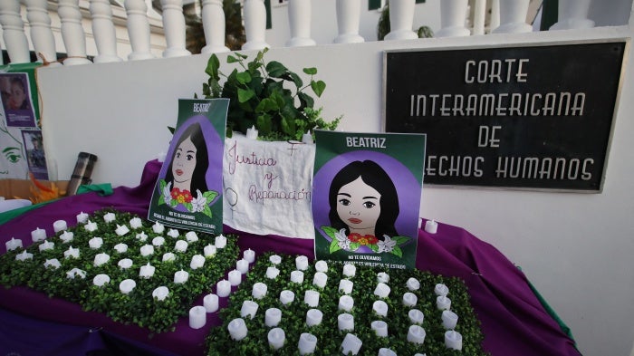 A vigil in memory of Beatriz prior to the hearing at the Inter-American Court of Human Rights taking El Salvador to task for denying her an abortion despite doctors knowing she was carrying a non-viable fetus at great risk to herself, outside the IACHR in San José, March 21, 2023.