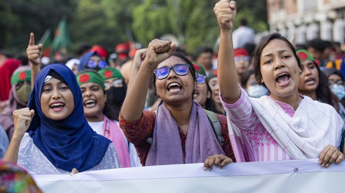 Students protest demanding a trial of former Prime Minister Sheikh Hasina in Dhaka, Bangladesh, August 13, 2024.