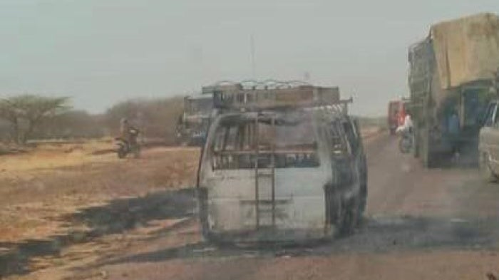 One of the buses burned in the attack, in Kobe, Mali, February 7, 2025.