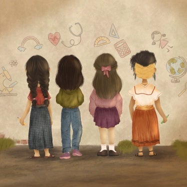 Illustration of four young girls standing in front of a wall 