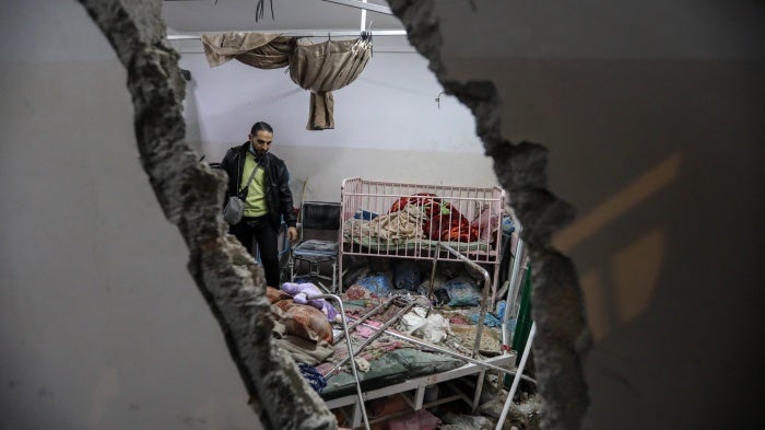 Damage caused by an artillery shell that hit the maternity hospital inside the Nasser Medical Complex, in Khan Yunis, Gaza, December 17, 2023. 