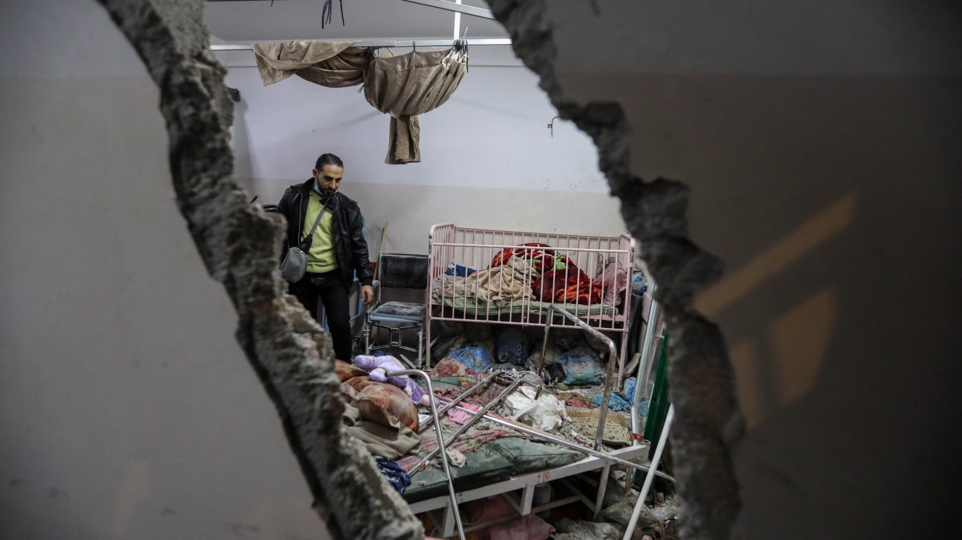 Damage caused by an artillery shell that hit the maternity hospital inside the Nasser Medical Complex, in Khan Yunis, Gaza, December 17, 2023. 