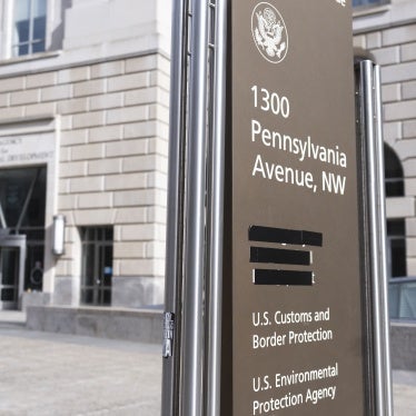 A sign with the names of US government agencies housed at the Ronald Reagan Building in Washington, DC, with the USAID headquarters taped over, February 7, 2025. 