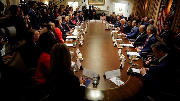 US President Donald Trump hosts his first cabinet meeting in Washington, DC, February 26, 2025.