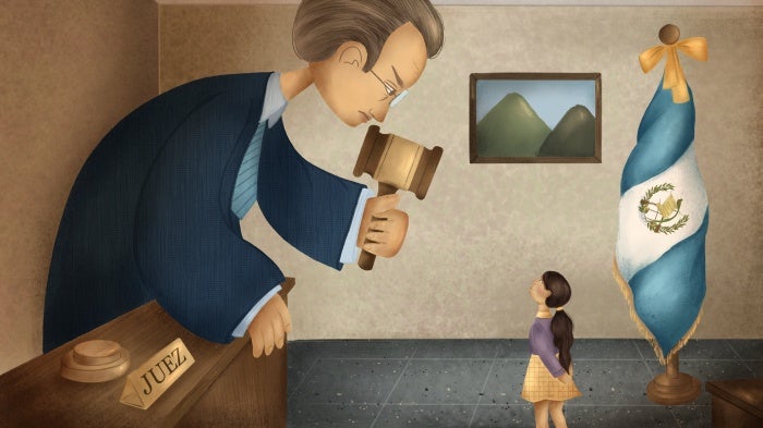 An illustration of a judge towering over a girl in a courtroom