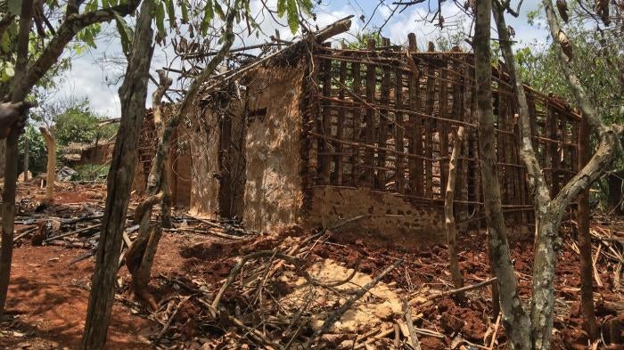 A picture of a burned down house in western Ivory Coast.